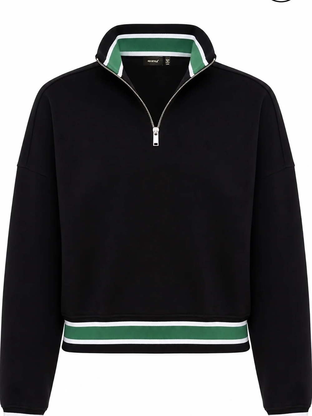 RD Style Black Zip-Up Sweater with Green and White Accents